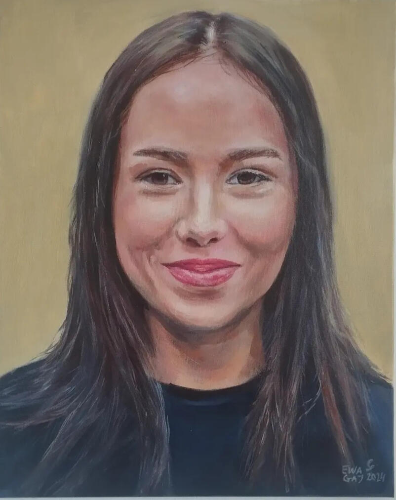 Portret Mai, córki Ani. Obraz akrylowy na płótnie 40x50 cm. Kolekcja prywatna. 2024r.