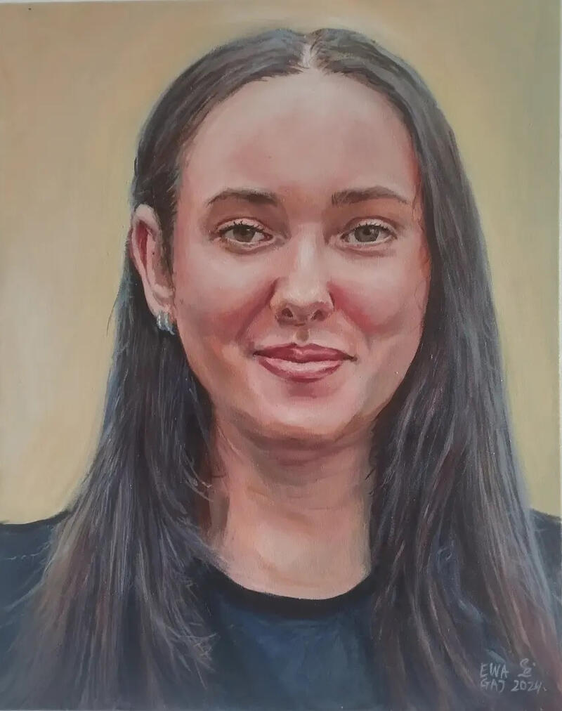 Portret Oliwii, córki Ani. Obraz akrylowy na płótnie 40x50 cm. Kolekcja prywatna. 2024r.