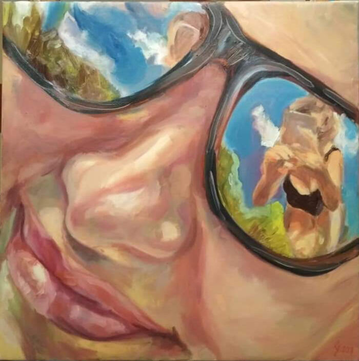 Kalinka i ja. 2018 r. Olej na płótnie 50x50cm. Kolekcja prywatna.