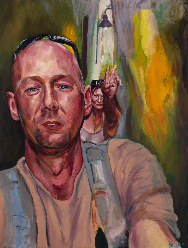 Ja i Eric na najmniejszej ulicy w Pradze. Obraz olejny na płótnie 60x80 cm 2018r