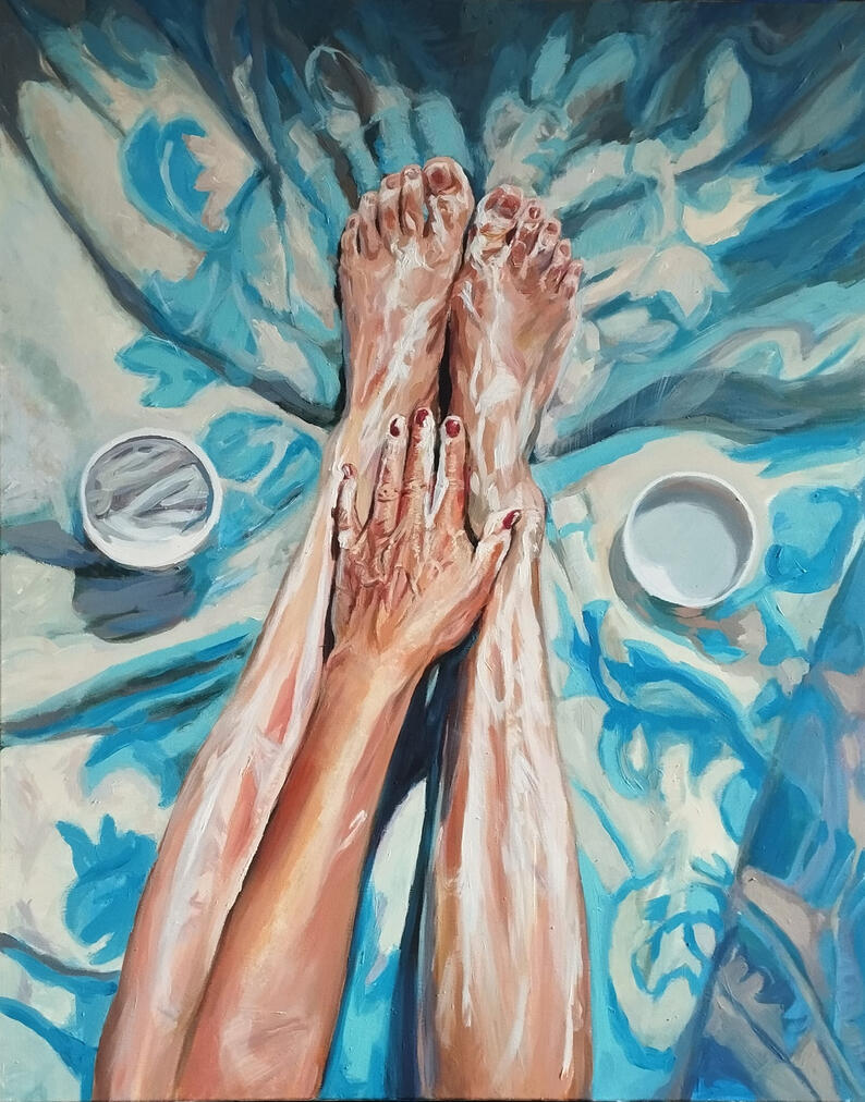 Rytuały codzienności "Balsamowanie". Obraz akrylowy na płótnie 100 x80 cm.