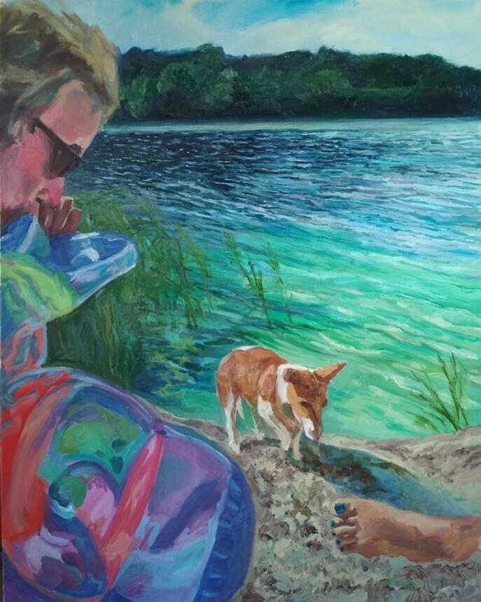 Wandek. Tosia i stopa Karoliny na plaży w Ciegielni. Obraz olejny na płotnie 100x80cm. 2019r. Kolekcja prywatna.