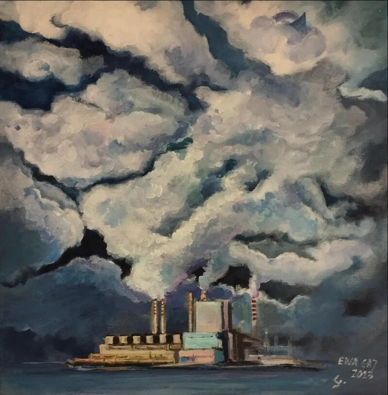 Fabryka chmur. Obraz akrylowy na płótnie 35x35cm.