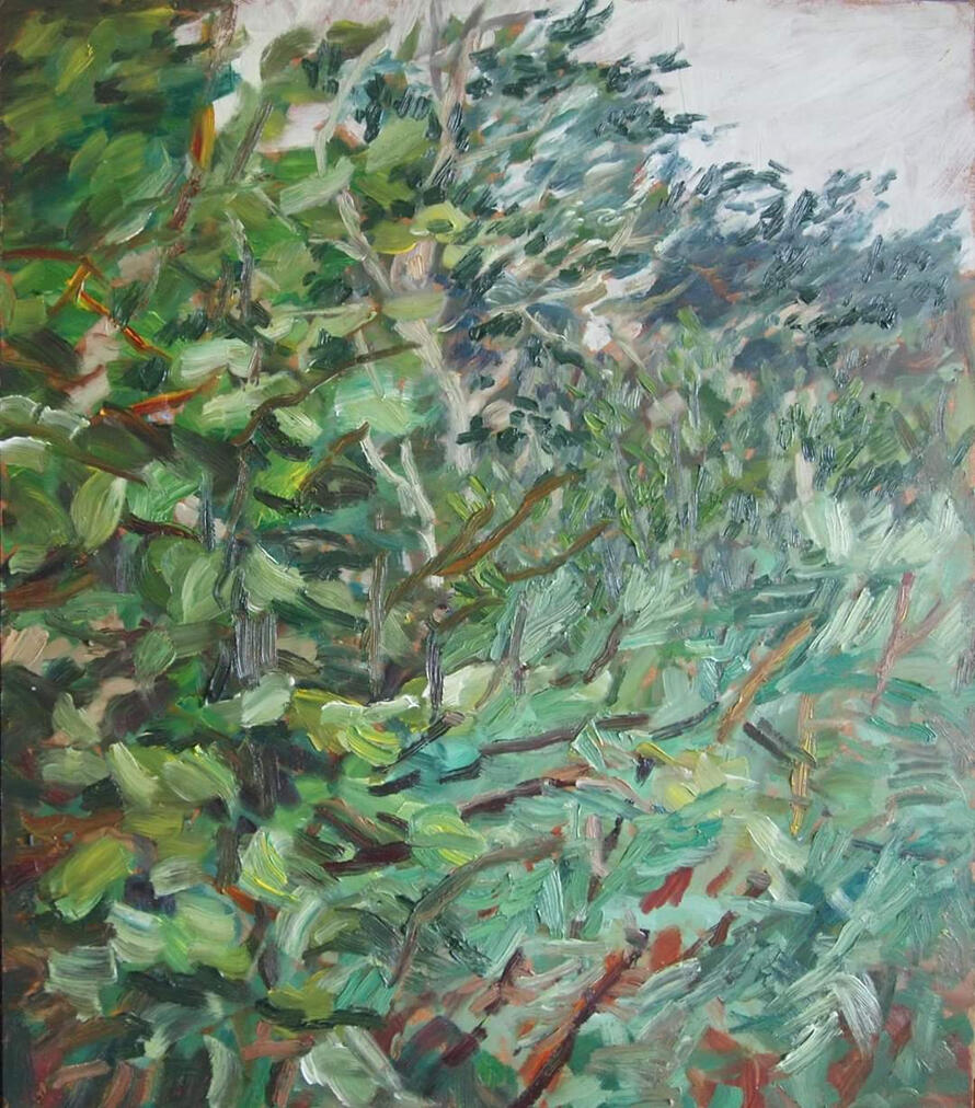 Kadr z Kosobudek.Widok z okna pracowni Olej na desce 50×50 cm. 2017 r. Kolekcja prywatna.