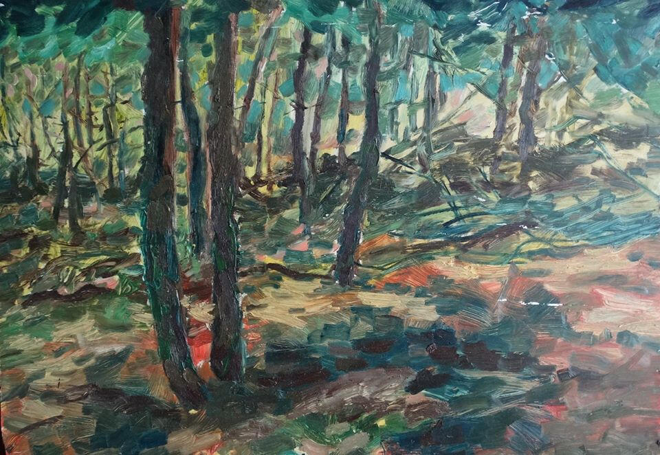 „Las w Potażnikach” Podwórko pana Powalskiego. Olej na desce 60×70 2016r.