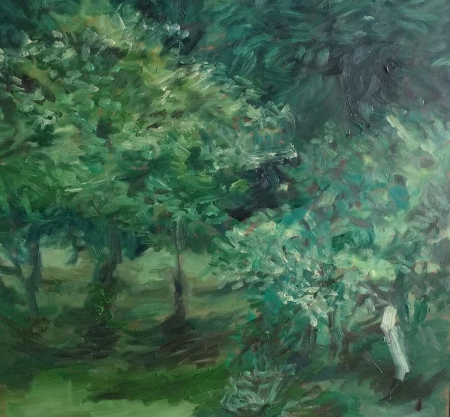 Kosobudki przed burzą. Widok z okna pracowni. Olej na desce 2017r.