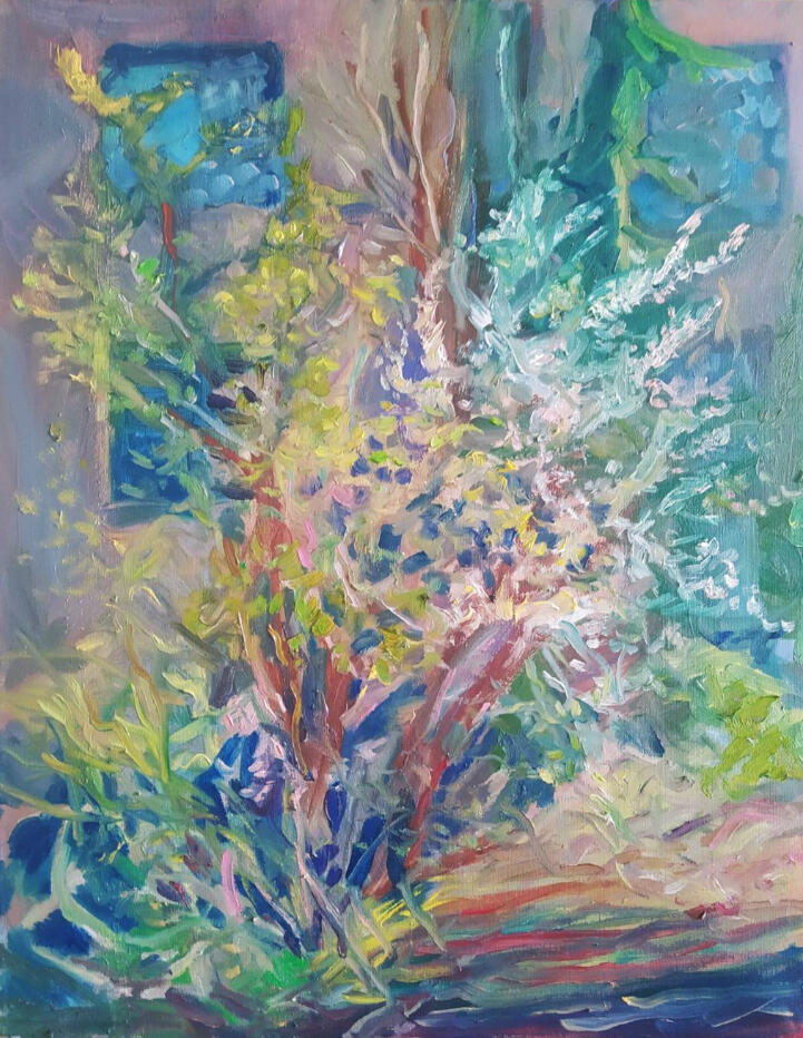 „Ogród u Janki” Widok z okna pracowni. Olej na płótnie 40×50 cm.